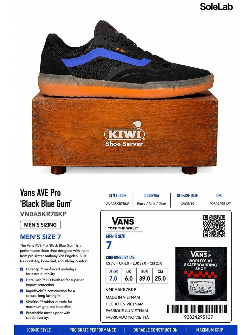 Vans AVE Pro Black Blue Gum Skate Shoes Men’s Size 7 VN0A5KR7BKP